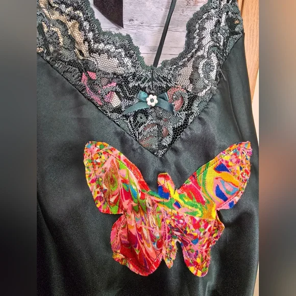 Vtg 90's Teal Green Satin Butterfly Slip Dress - Picture 2 of 9